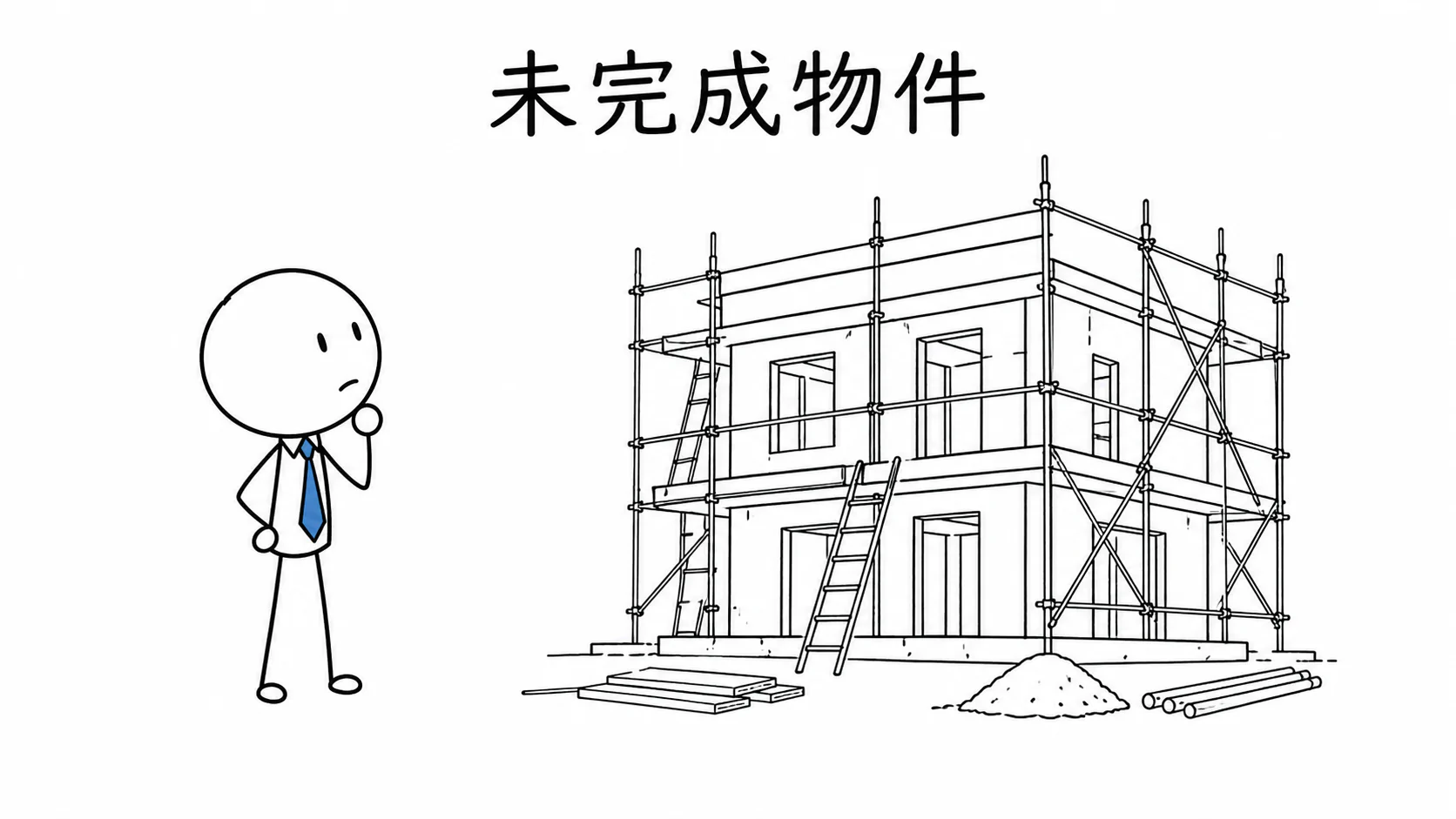 宅建業者が工事中の未完成物件を見ている。