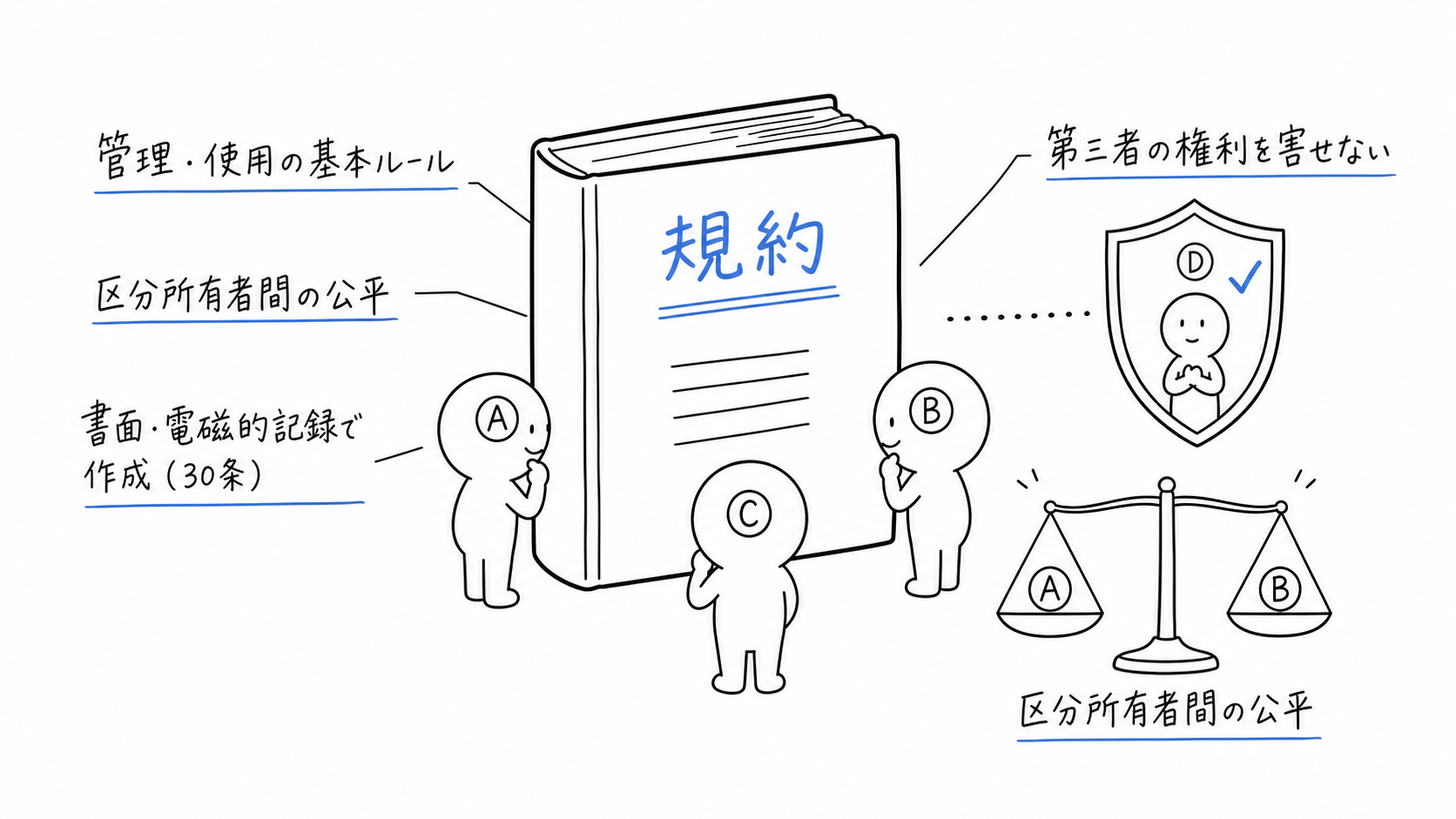 区分所有者間の公平と第三者の権利に配慮し、書面または電磁的記録で管理規約を作る。
