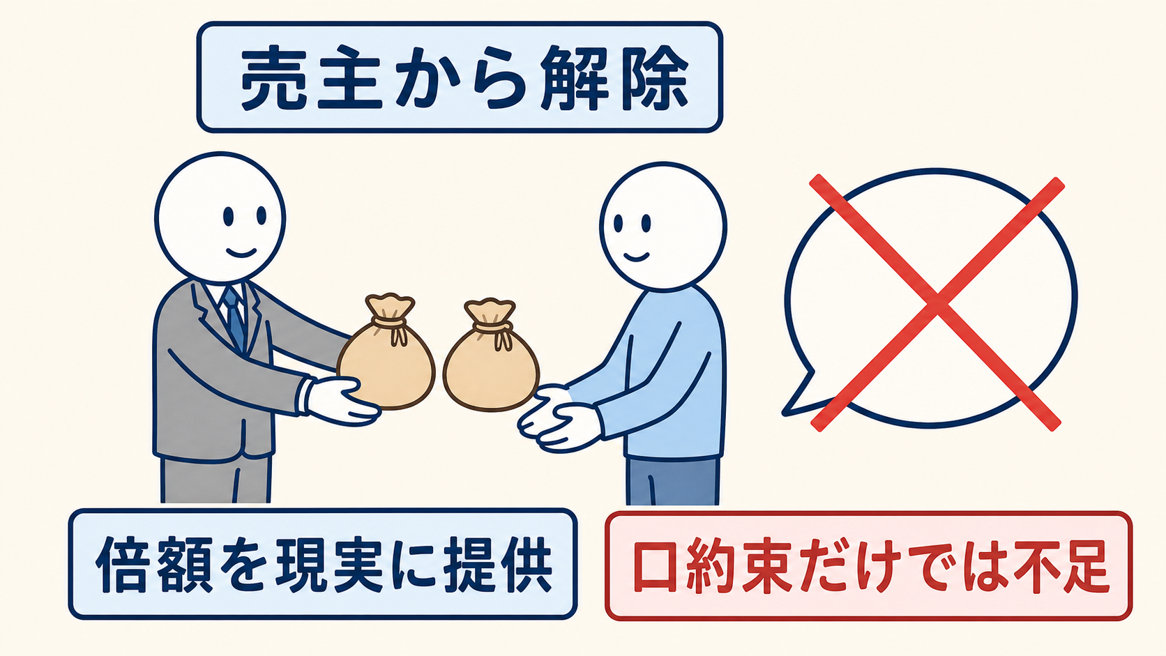 売主業者は手付の倍額を現実に提供して解除でき、口約束だけでは足りない。