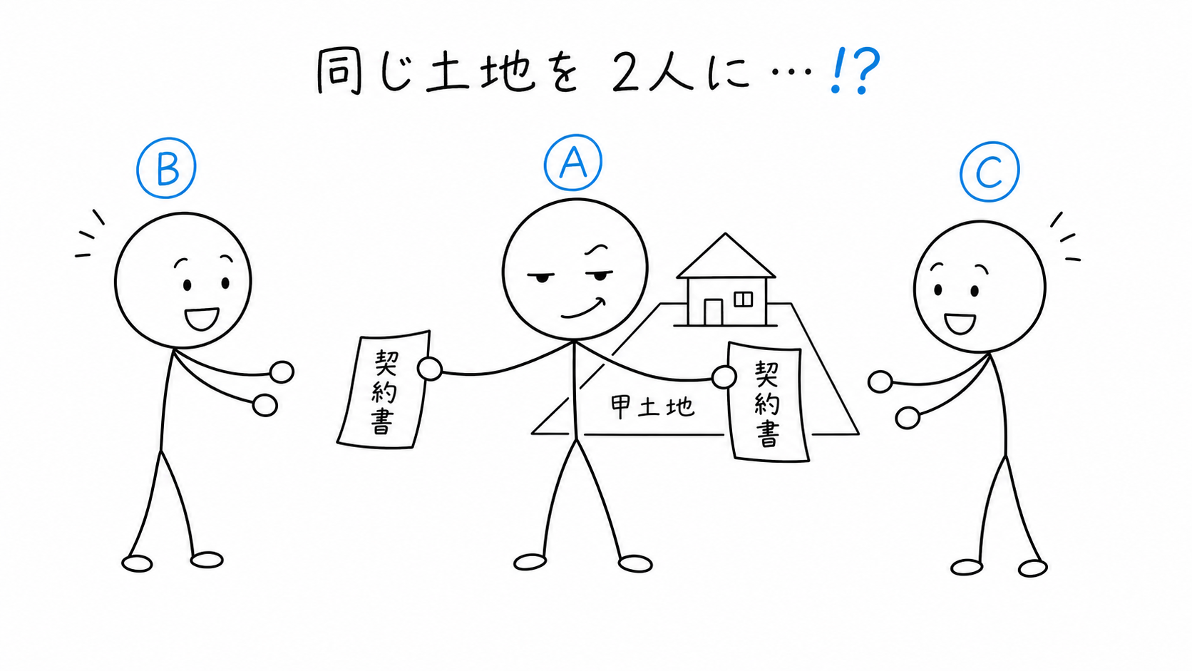 AはCにも甲土地を売却した。同じ土地を二重に売り、Cが登場する。