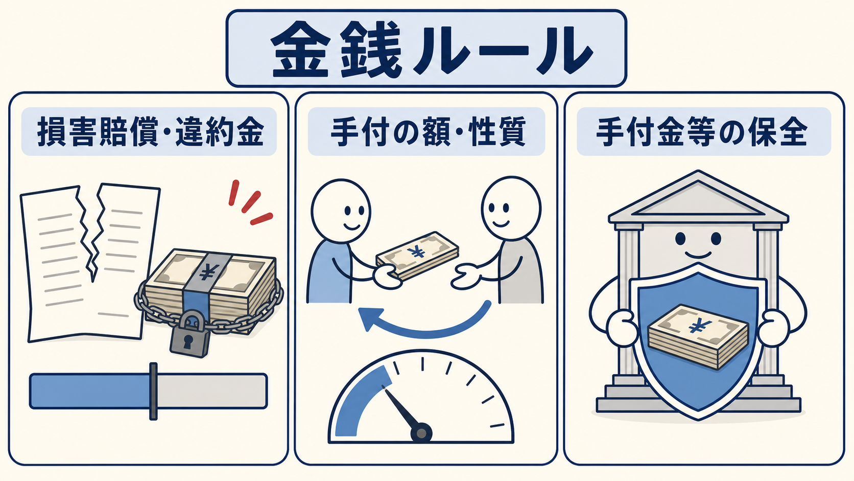 金銭面では、損害賠償額と違約金、手付の額と性質、手付金等の保全という3つの規制がある。